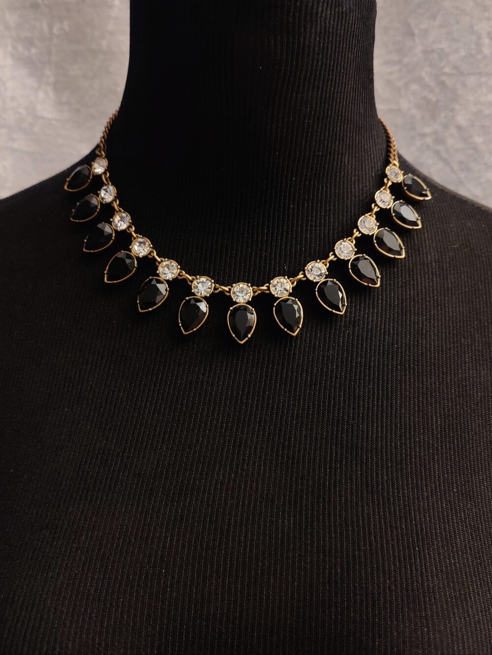 J.Crew Black Crystal Teardrop Statement Necklace Gold Tone Rhinestone Bib